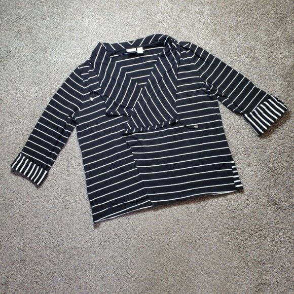 Zenergy by Chicos Cardigan Womens 2 Black White Striped Nautical Open Front‎ - Picture 2 of 5